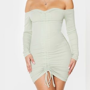 Prettylittlething sage green ruched long sleeve bardot dress